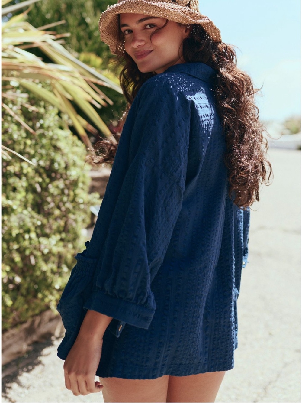 Free People Navy Blue Button-Down Shirt Jacket